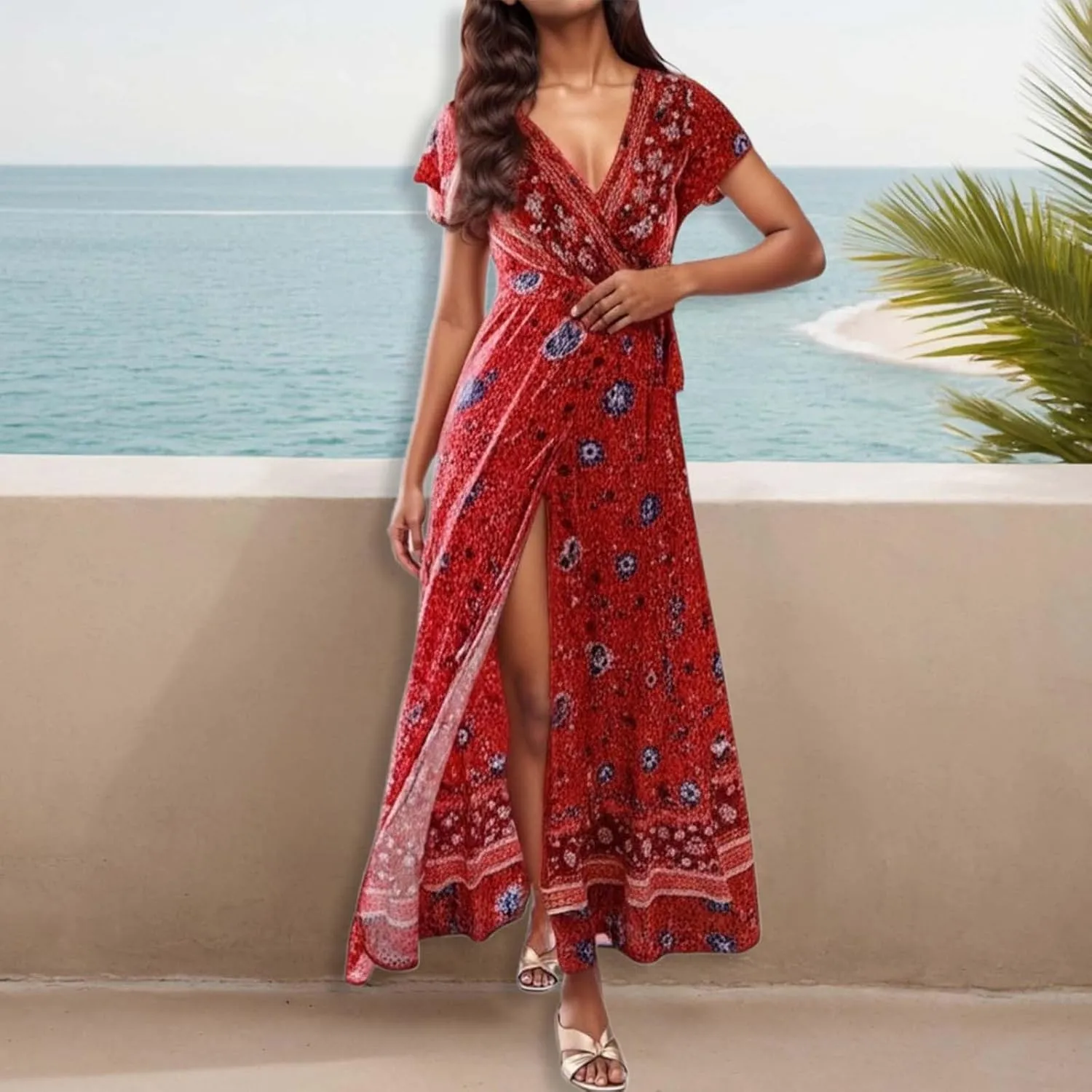 Women's Summer Wrap Maxi Dress Casual Boho Floral V Neck Short Sleeve Ruffle Hem Split Vacation Sexy Long Dress