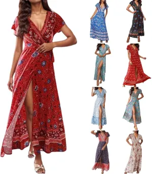 Women's Summer Wrap Maxi Dress Casual Boho Floral V Neck Short Sleeve Ruffle Hem Split Vacation Sexy Long Dress