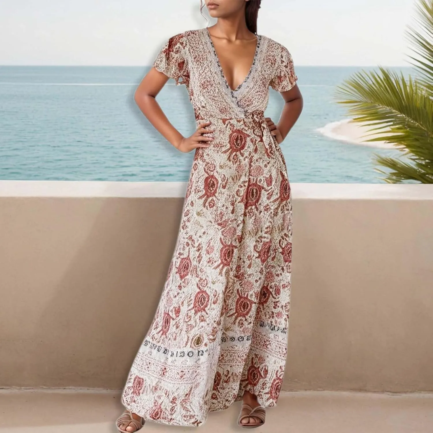 Women's Summer Wrap Maxi Dress Casual Boho Floral V Neck Short Sleeve Ruffle Hem Split Vacation Sexy Long Dress