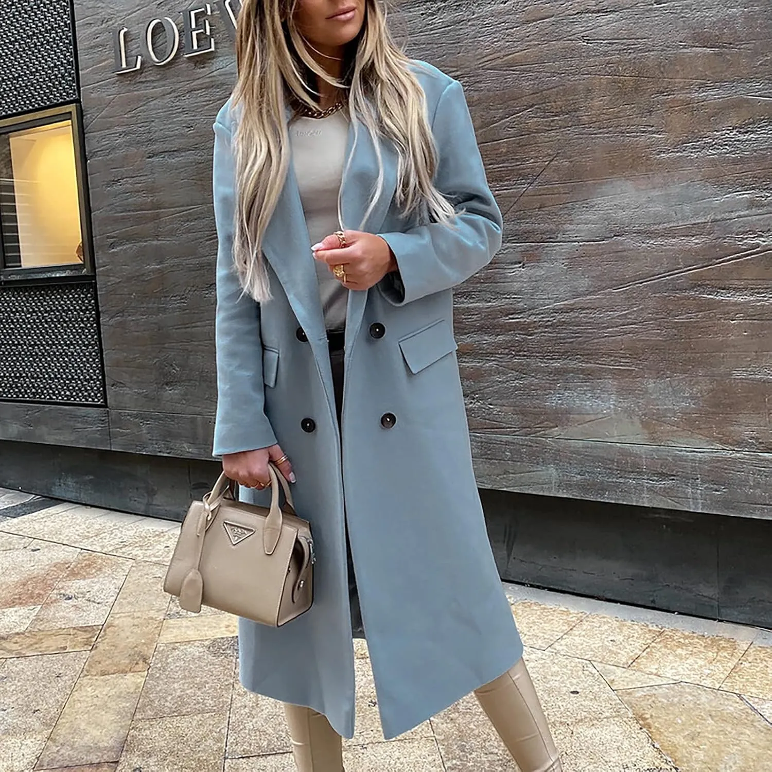 Womens Trench Coat Double Breasted Elegant Pea Coat Solid Color Work Office Casual Wool Blend Jacket with Pockets