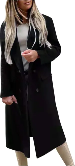 Womens Trench Coat Double Breasted Elegant Pea Coat Solid Color Work Office Casual Wool Blend Jacket with Pockets