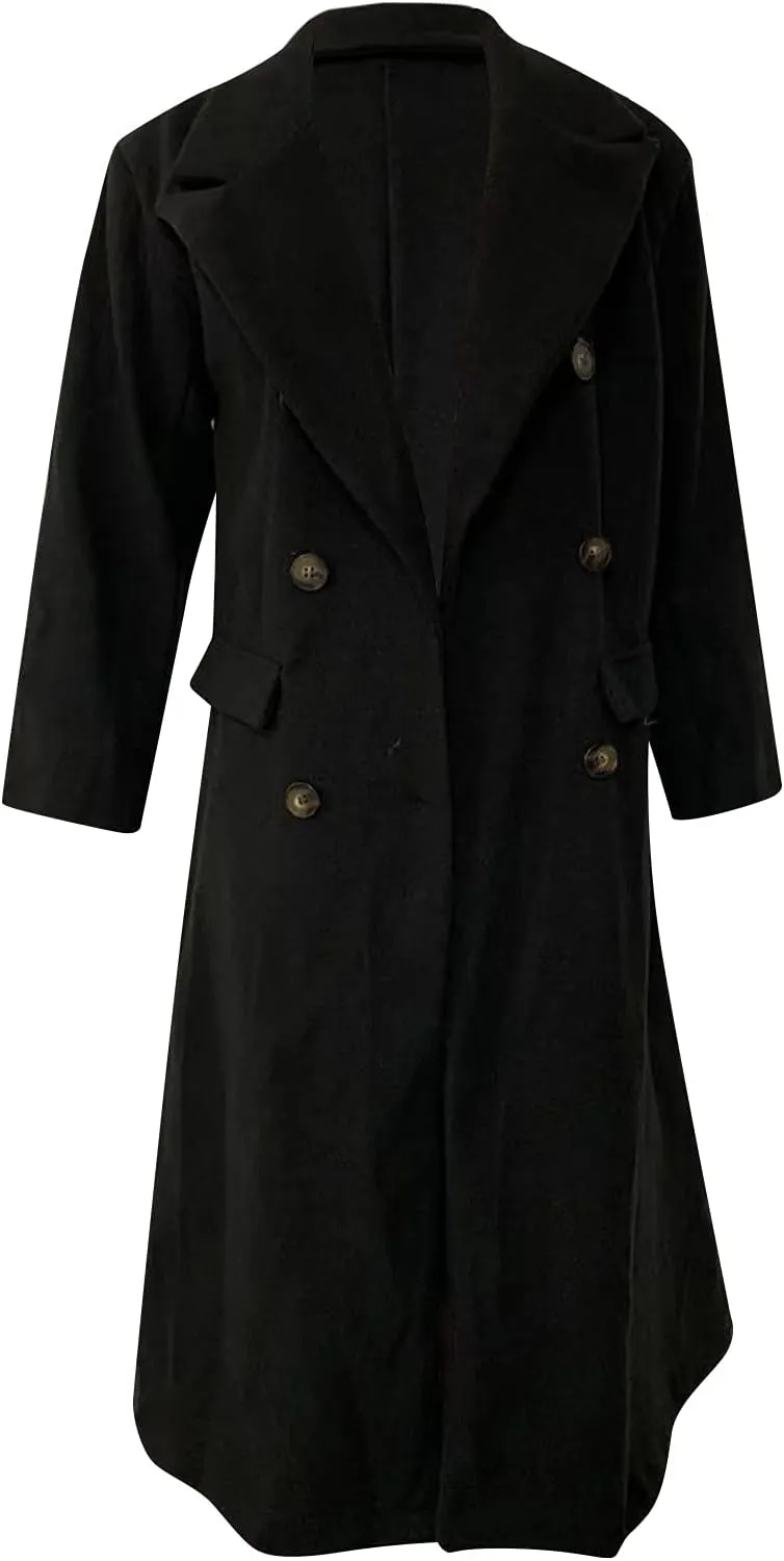 Womens Trench Coat Double Breasted Elegant Pea Coat Solid Color Work Office Casual Wool Blend Jacket with Pockets