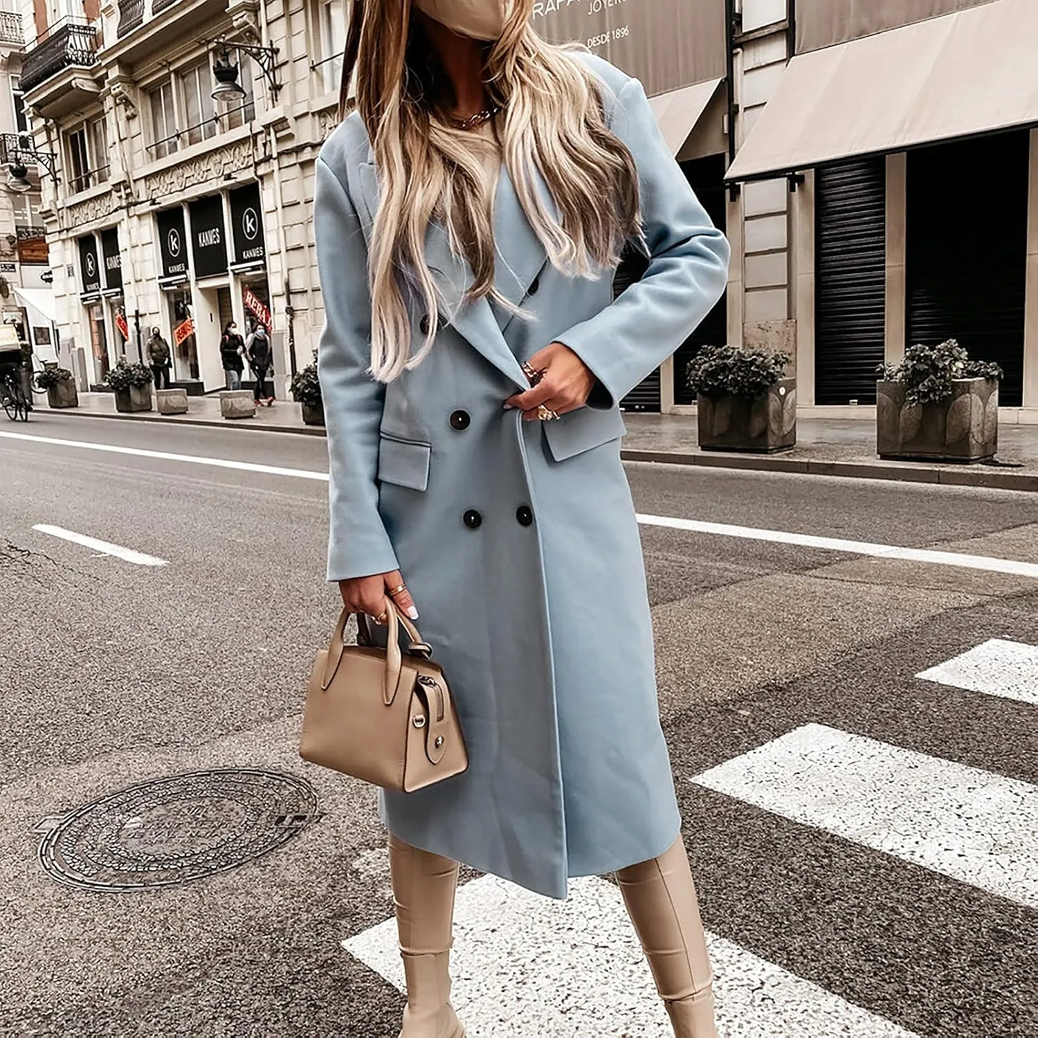 Womens Trench Coat Double Breasted Elegant Pea Coat Solid Color Work Office Casual Wool Blend Jacket with Pockets