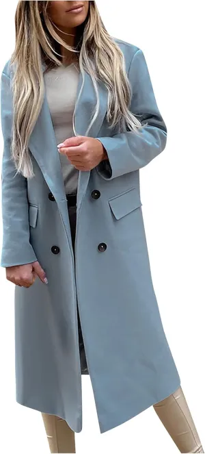 Womens Trench Coat Double Breasted Elegant Pea Coat Solid Color Work Office Casual Wool Blend Jacket with Pockets