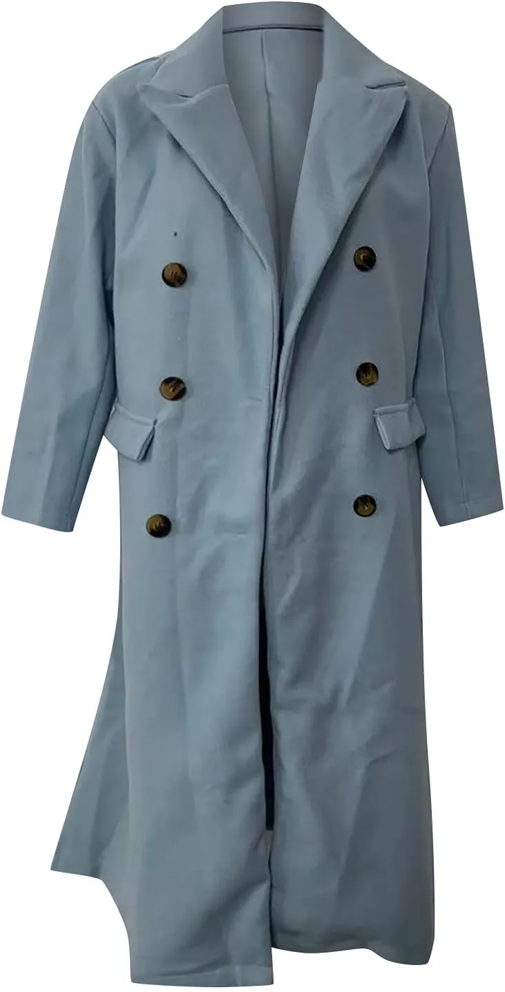 Womens Trench Coat Double Breasted Elegant Pea Coat Solid Color Work Office Casual Wool Blend Jacket with Pockets