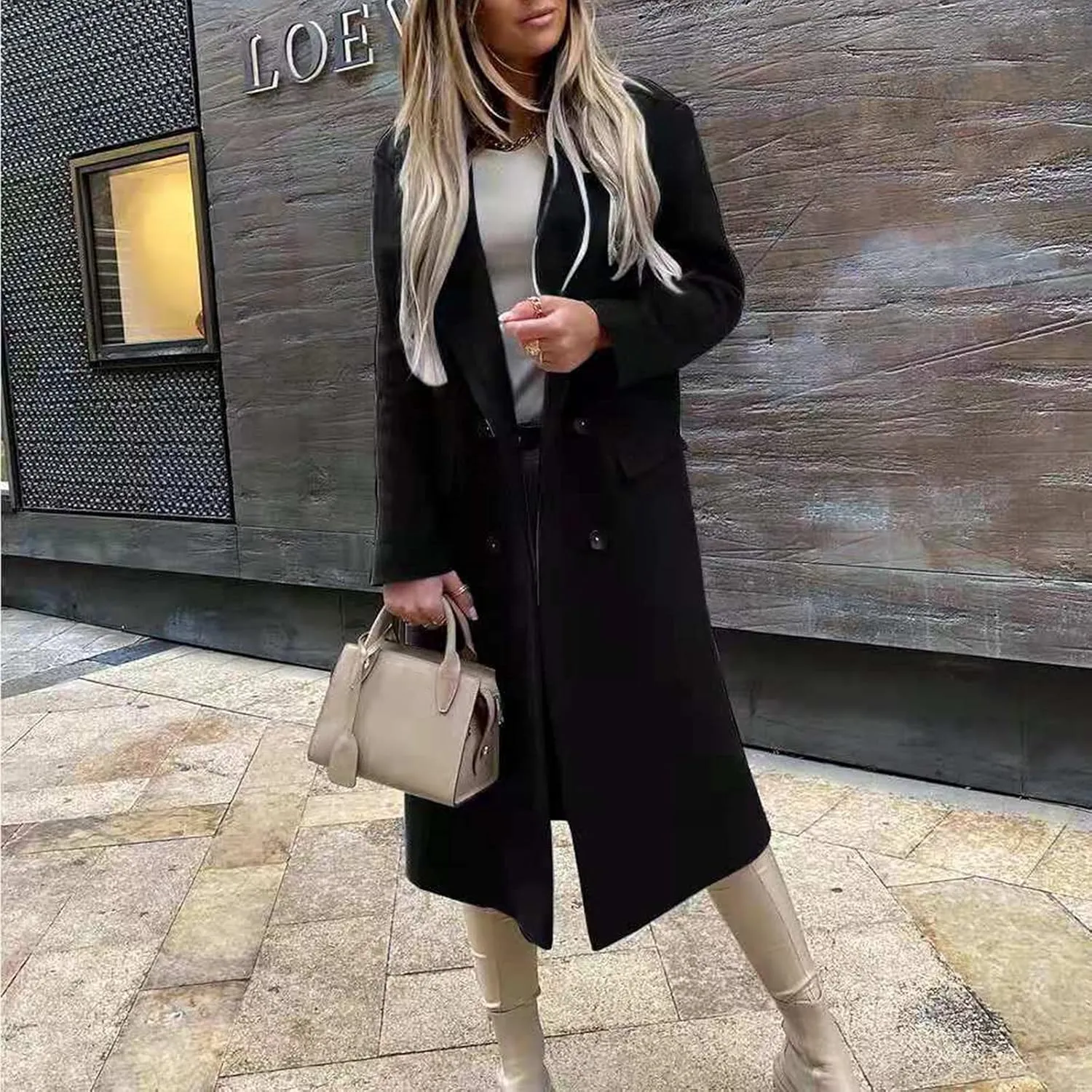 Womens Trench Coat Double Breasted Elegant Pea Coat Solid Color Work Office Casual Wool Blend Jacket with Pockets