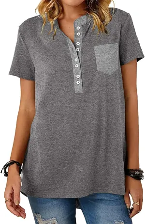 Womens Tshirts Fashion V Neck Buttons Down Tops Short Sleeve Casual Tees Shirts Summer Loose Fit Tops Blouses for Work
