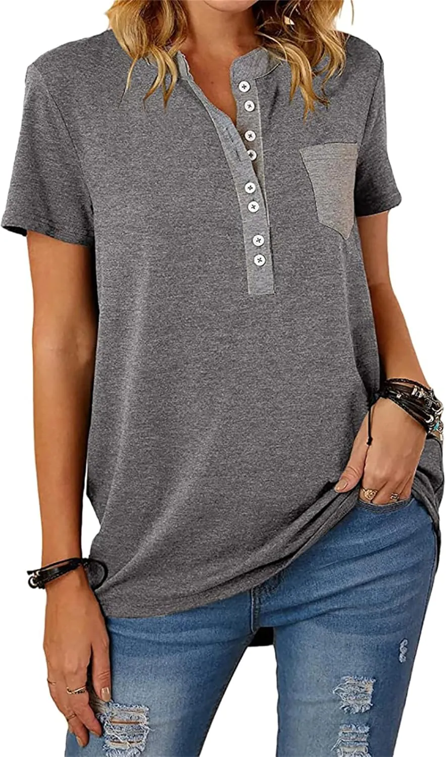 Womens Tshirts Fashion V Neck Buttons Down Tops Short Sleeve Casual Tees Shirts Summer Loose Fit Tops Blouses for Work
