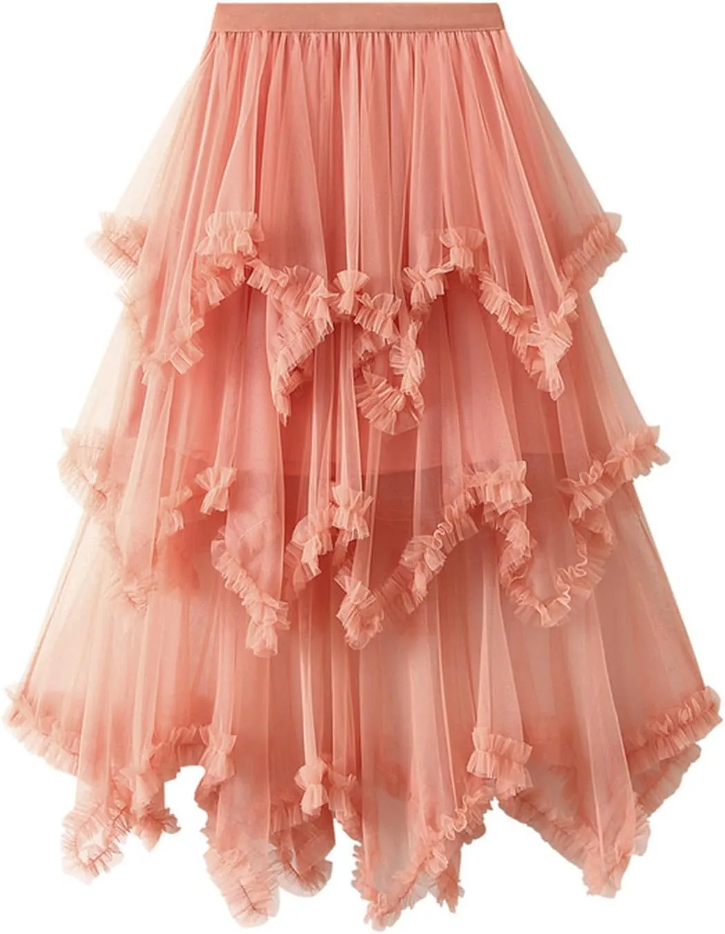 Women's Tulle Skirt High Low Ruffle Elastic Waist Ruffle Tiered Party Petticoat 2024 Midi Skirt Evening Mesh Long Skirt