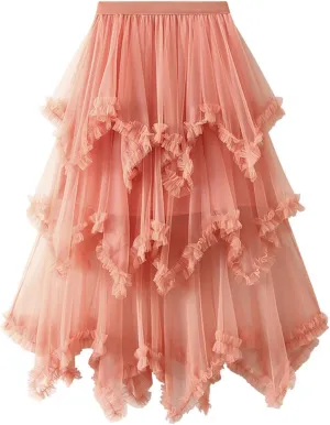 Women's Tulle Skirt High Low Ruffle Elastic Waist Ruffle Tiered Party Petticoat 2024 Midi Skirt Evening Mesh Long Skirt