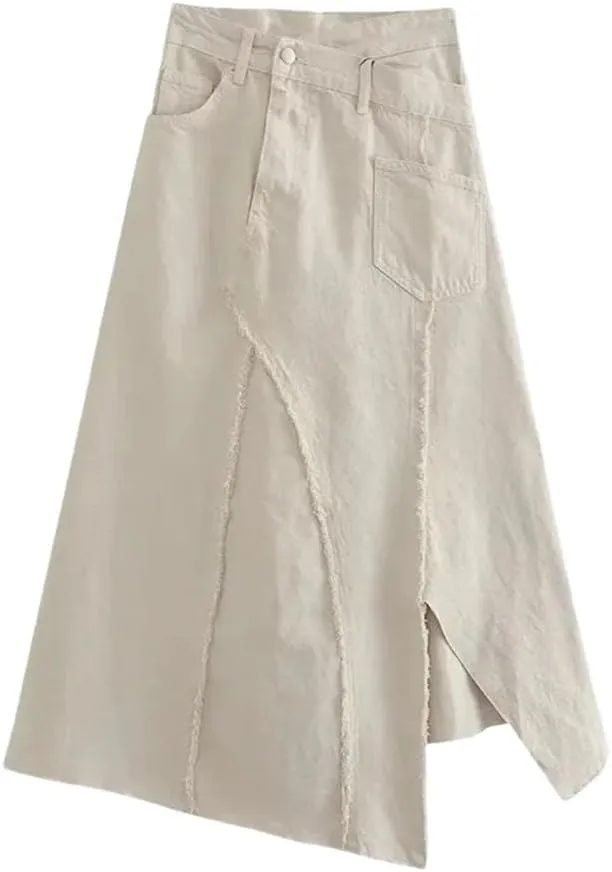 Women's Vintage Asymmetrical Denim Skirt Summer High Waiststreetwear Midi Skirts