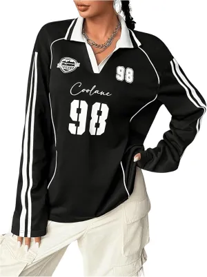 Women's Vintage Jersey Shirt Letter Print Long Sleeve T-Shirts V Neck Oversized Basketball Sportswear T Shirts Tops