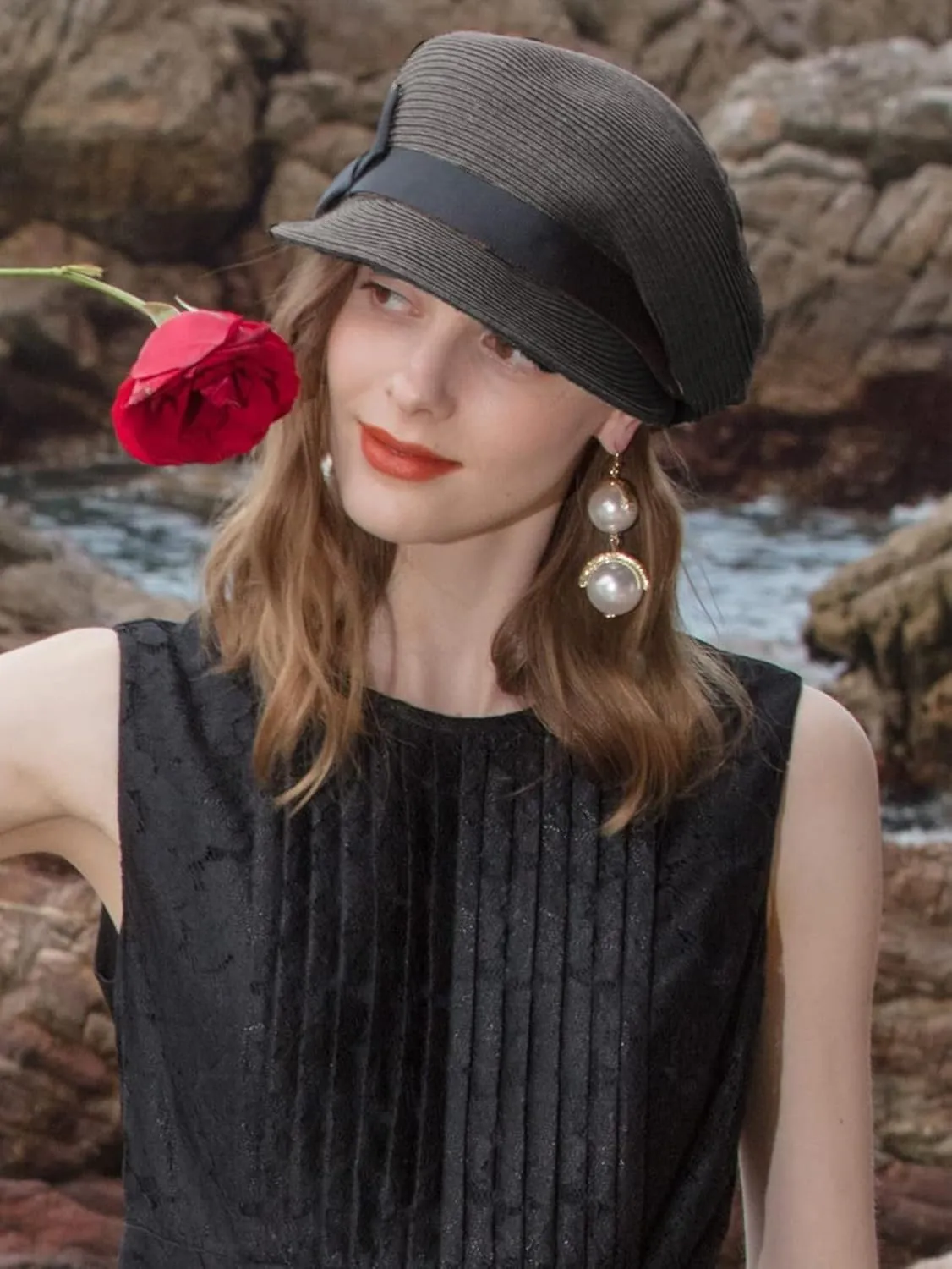 Women's Wide Brim Straw Sun Hat - Foldable Beach Hat with Black Bow,Newsboy Packable Duckbill Visor for Summer Travel