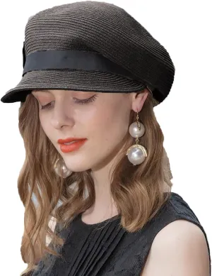 Women's Wide Brim Straw Sun Hat - Foldable Beach Hat with Black Bow,Newsboy Packable Duckbill Visor for Summer Travel