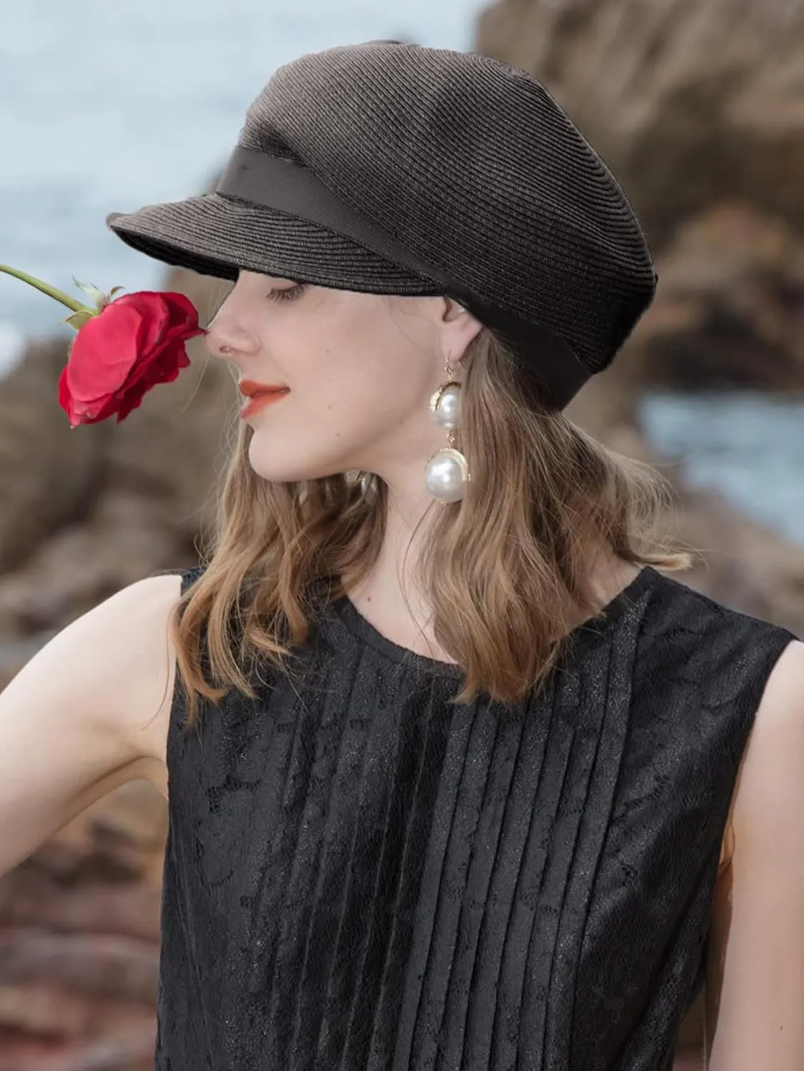 Women's Wide Brim Straw Sun Hat - Foldable Beach Hat with Black Bow,Newsboy Packable Duckbill Visor for Summer Travel