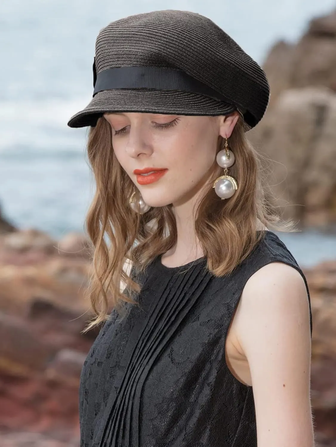 Women's Wide Brim Straw Sun Hat - Foldable Beach Hat with Black Bow,Newsboy Packable Duckbill Visor for Summer Travel