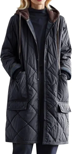 Women's Winter Casual Quilted Jackets Lightweight Button Down Long Puffer Jacket Outerwear Down Winter Coat with Hood