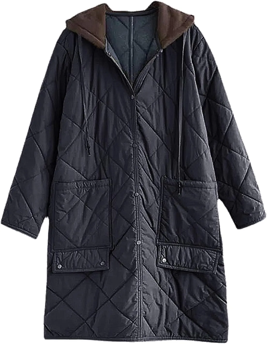 Women's Winter Casual Quilted Jackets Lightweight Button Down Long Puffer Jacket Outerwear Down Winter Coat with Hood