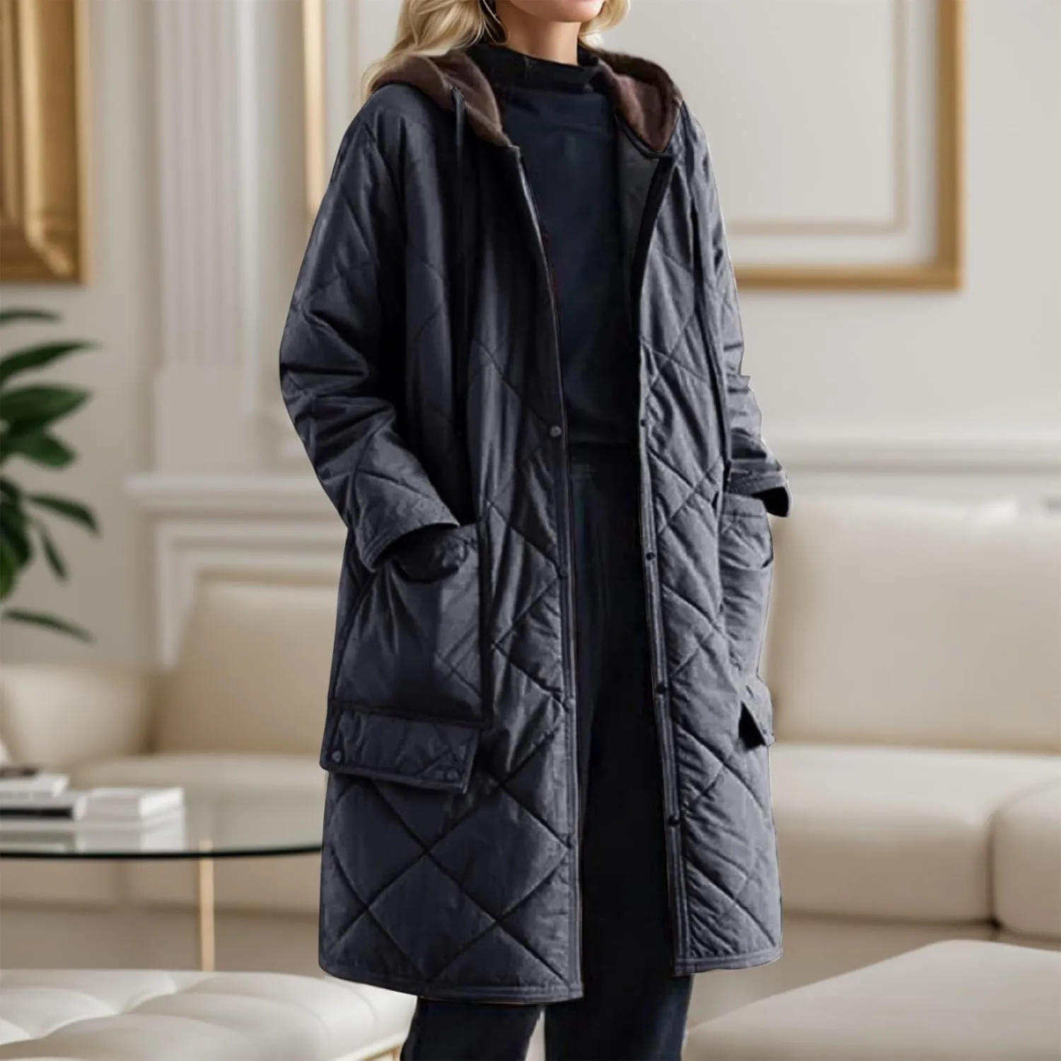 Women's Winter Casual Quilted Jackets Lightweight Button Down Long Puffer Jacket Outerwear Down Winter Coat with Hood