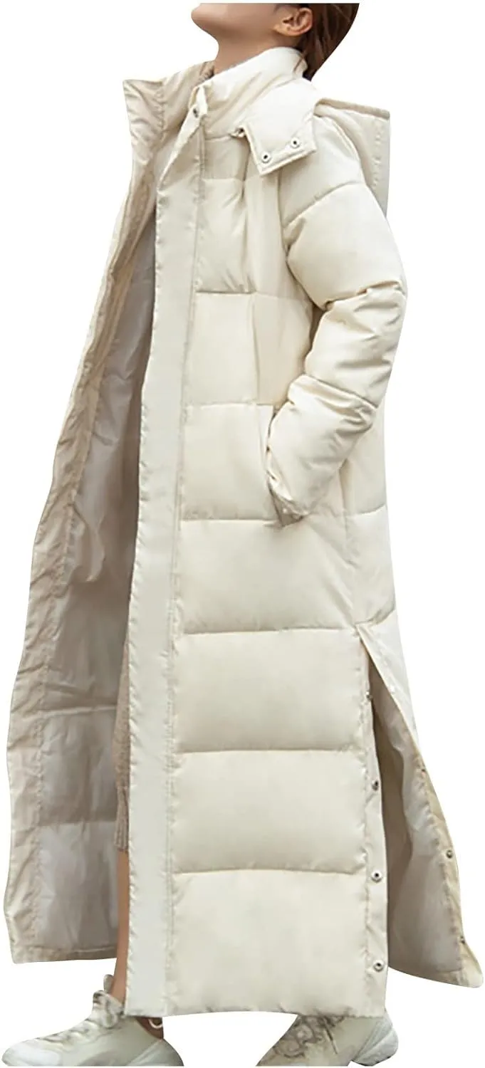 Women's Winter Hooded Long down Coats Jackets Maxi Parka Quilted Puffer Snow Jackets Outerwear with Side Button Hem