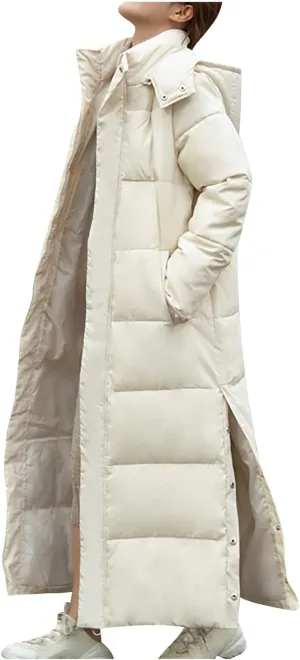 Women's Winter Hooded Long down Coats Jackets Maxi Parka Quilted Puffer Snow Jackets Outerwear with Side Button Hem