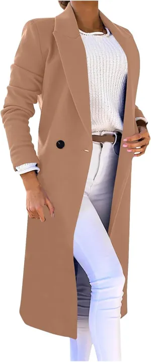 Women's Wool Blend Trench Winter Jackets Mid Long Warm Pea Coats Dressy Casual Open Front Cardigan One Button Overcoat