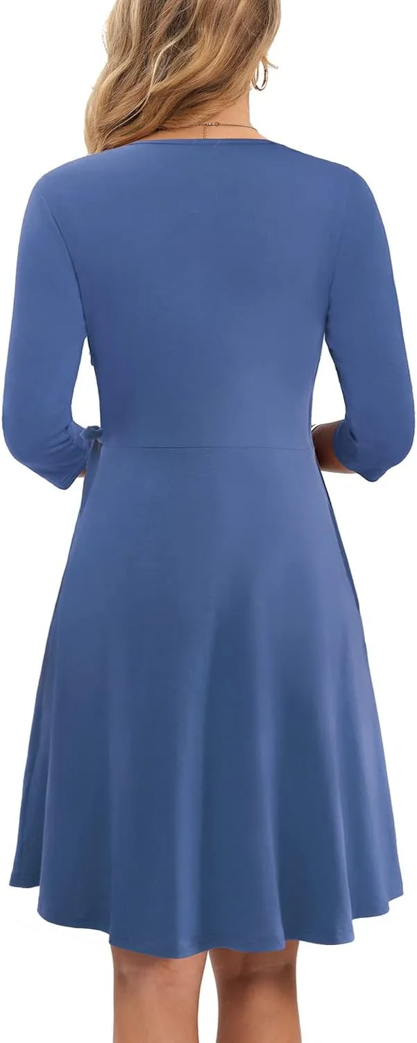 Wrap Dress for Women Casual V Neck Floral Party Swing A-Line Faux Wrap Dresses Midi Length