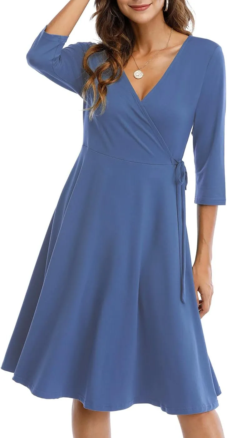 Wrap Dress for Women Casual V Neck Floral Party Swing A-Line Faux Wrap Dresses Midi Length