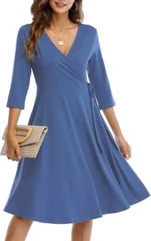 Wrap Dress for Women Casual V Neck Floral Party Swing A-Line Faux Wrap Dresses Midi Length