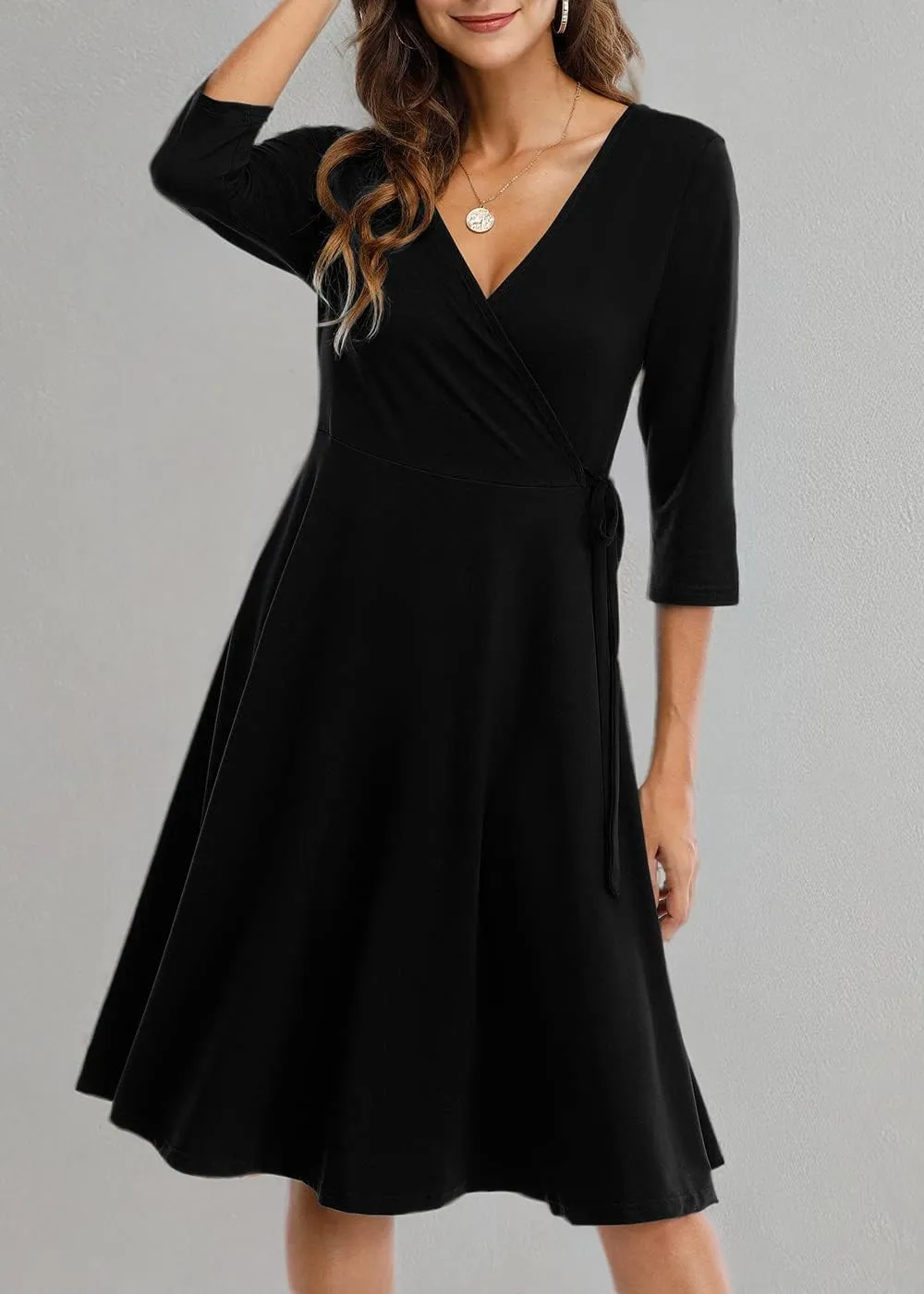 Wrap Dress for Women Casual V Neck Floral Party Swing A-Line Faux Wrap Dresses Midi Length