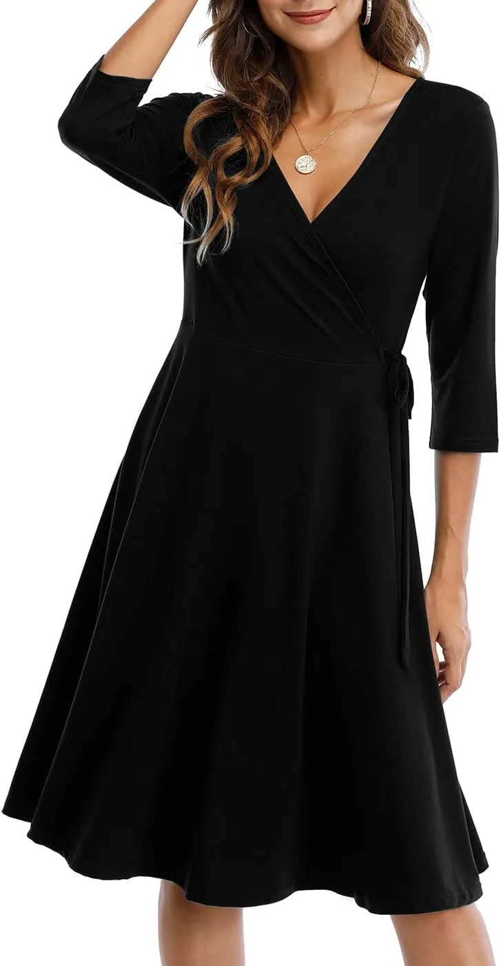 Wrap Dress for Women Casual V Neck Floral Party Swing A-Line Faux Wrap Dresses Midi Length