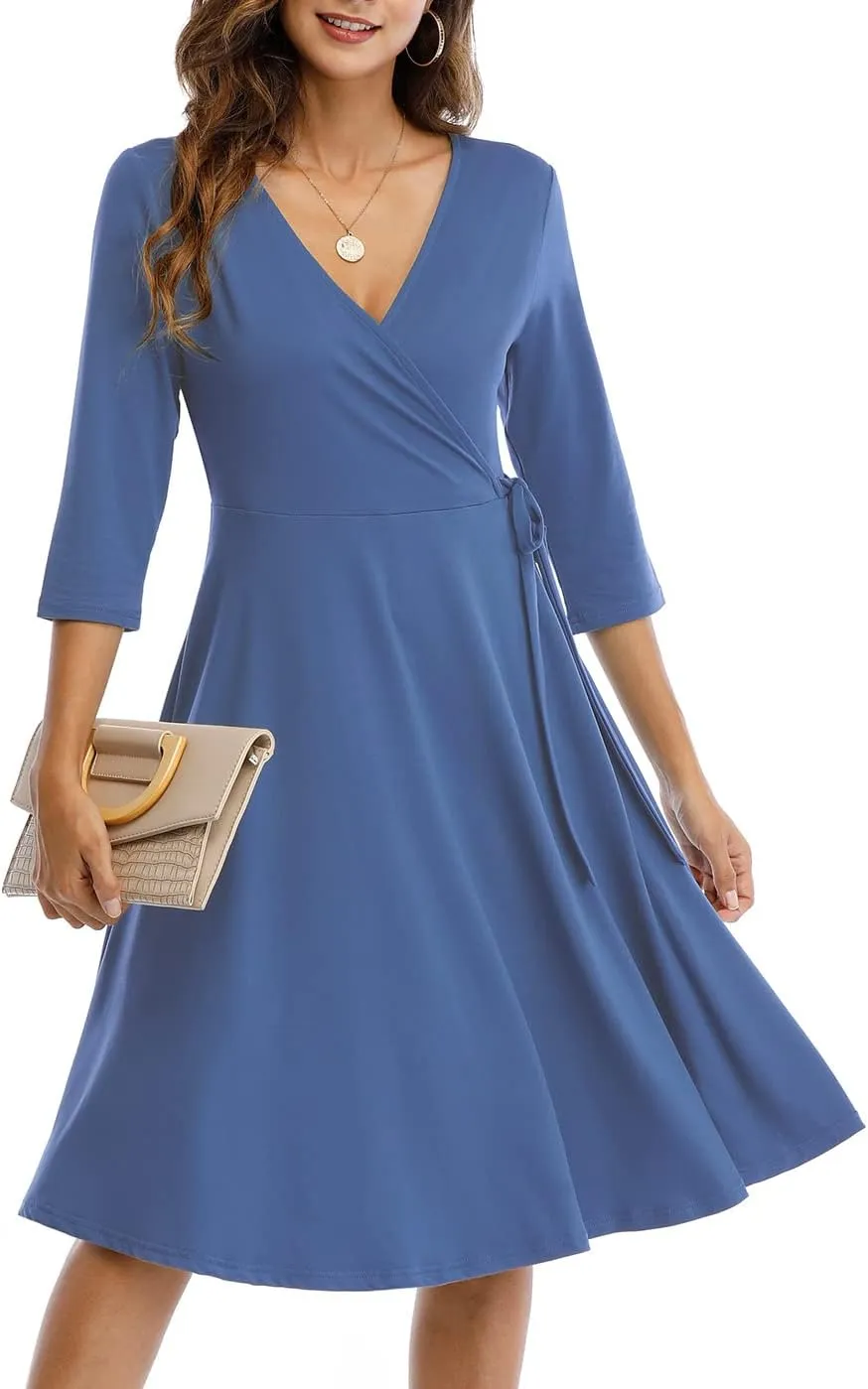 Wrap Dress for Women Casual V Neck Floral Party Swing A-Line Faux Wrap Dresses Midi Length