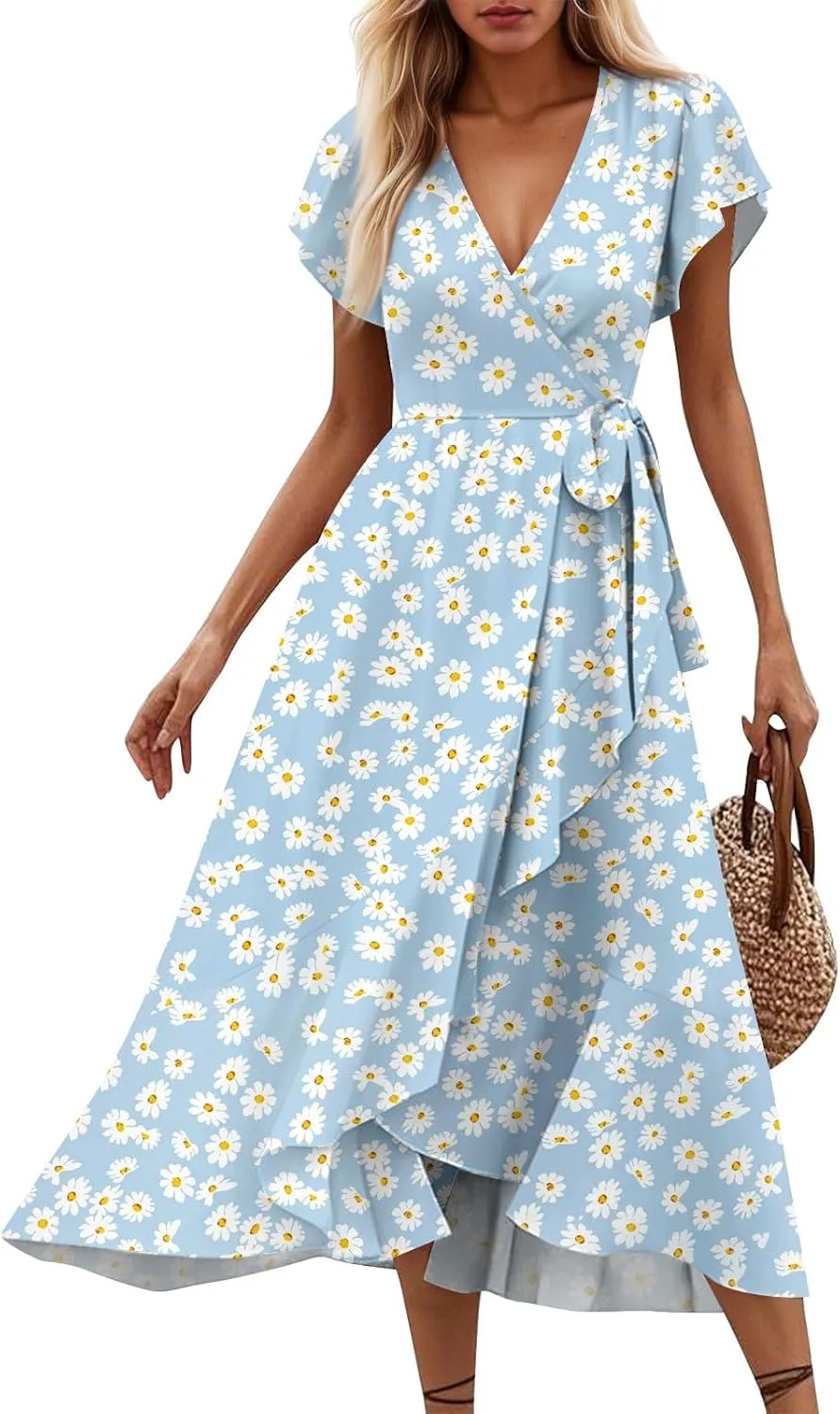 Wrap Dresses for Women 2025 Summer Sexy V Neck Short Sleeve Floral Dress High Waist Split Ruffle Boho Midi Dresses