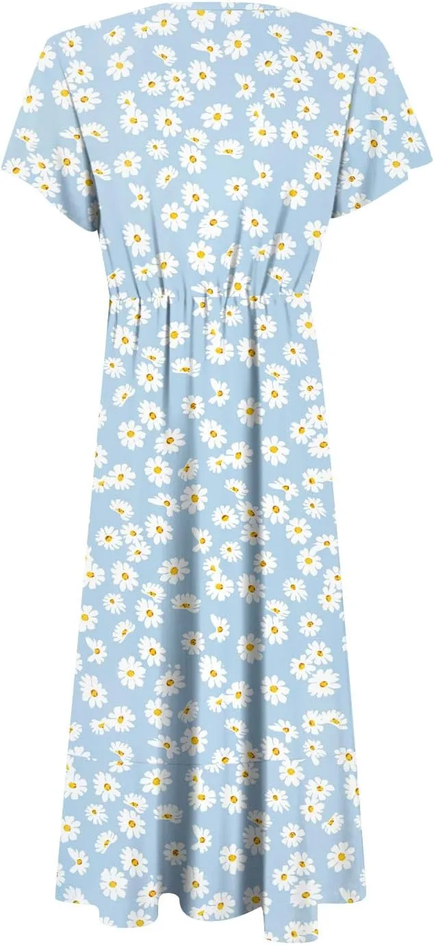 Wrap Dresses for Women 2025 Summer Sexy V Neck Short Sleeve Floral Dress High Waist Split Ruffle Boho Midi Dresses