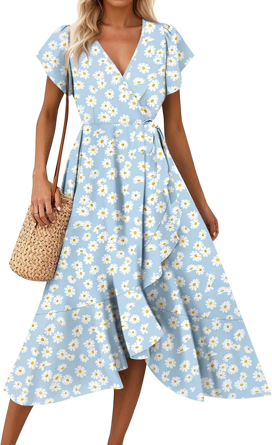 Wrap Dresses for Women 2025 Summer Sexy V Neck Short Sleeve Floral Dress High Waist Split Ruffle Boho Midi Dresses