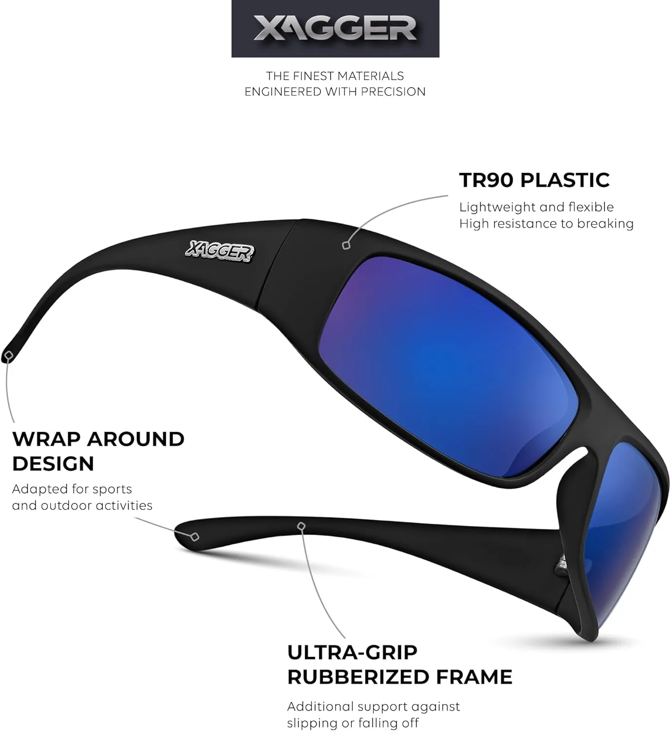 Xagger Sports Polarized Sunglasses for Men Wrap Around TR90 Frame Sun Glasses