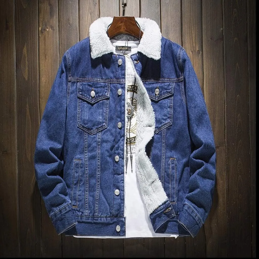 Ymosrh Men's Jackets Fashion Winter Denim Jacket Thick Fleece Lined Trucker Jackets Casual Jean Coat Outwear Jacket, S-6XL