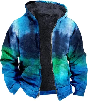 Zip Up Hoodie Men Winter Sherpa Lined Graphic Jacket Cool Thermal Graphic Coat Heavy Tie Dye Casual Weather Outwear